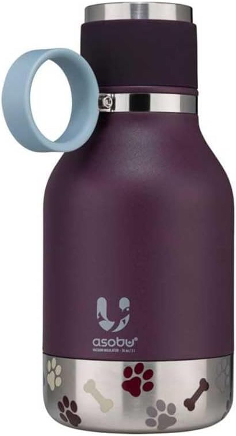 Dog Bowl Attached to Stainless Steel Insulated Travel Bottle for Human 33 Ounce (Burgundy)