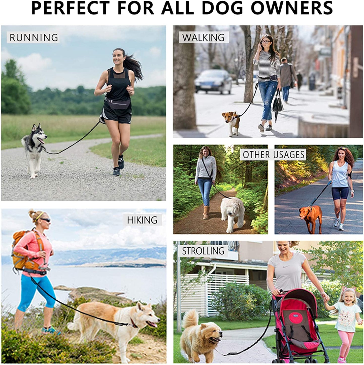 Hands Free Dog Leash for Running Walking Jogging Training Hiking, Retractable Bungee Dog Running Waist Leash for Medium to Large Dogs, Adjustable Waist Belt with Pack, Reflective Stitches, Dual Handle