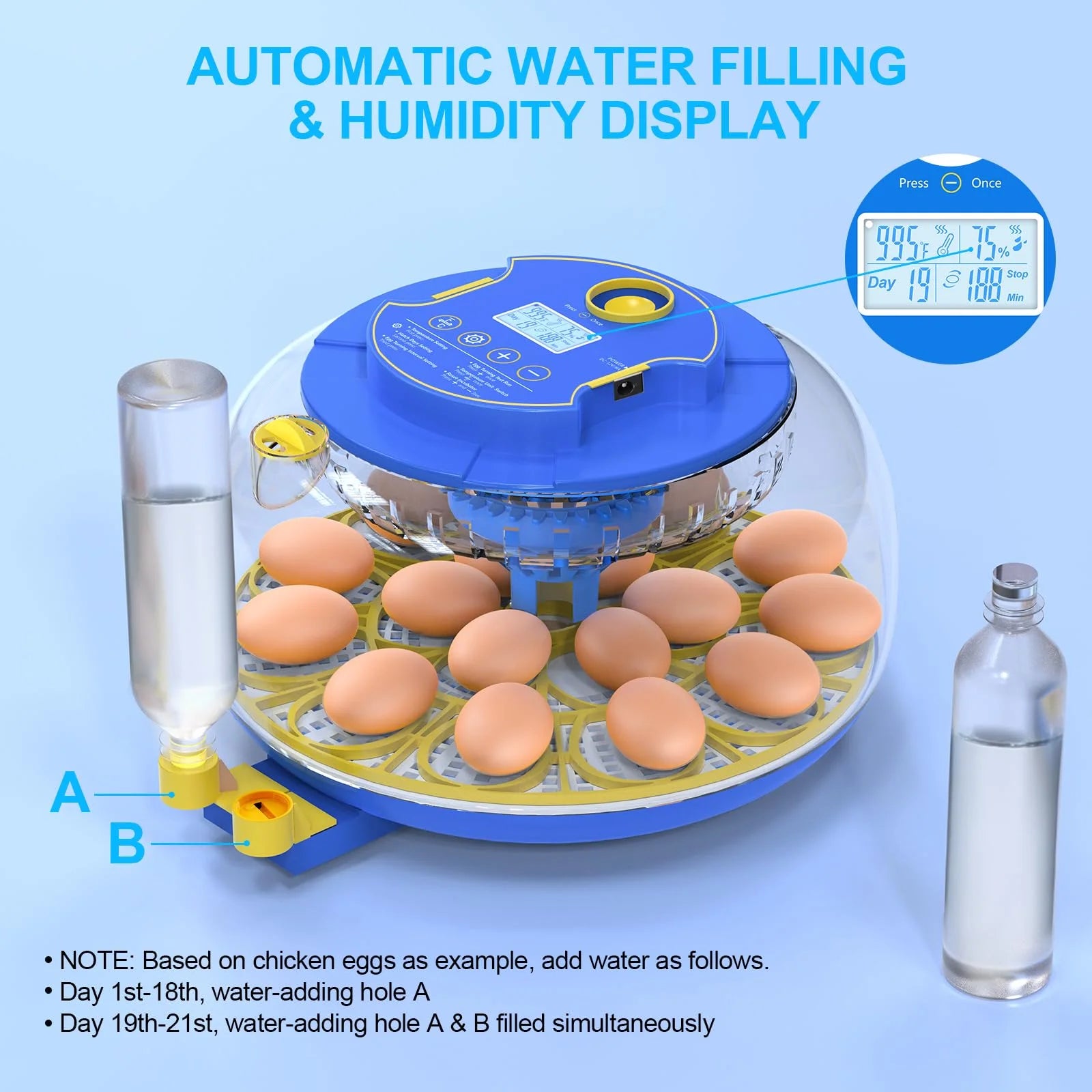 18 Egg Incubator with Automatic Egg Turning and Humidity Control, 360° View Auto Water Adding, Egg Candler Incubators for Hatching Eggs for Chicken Ducks
