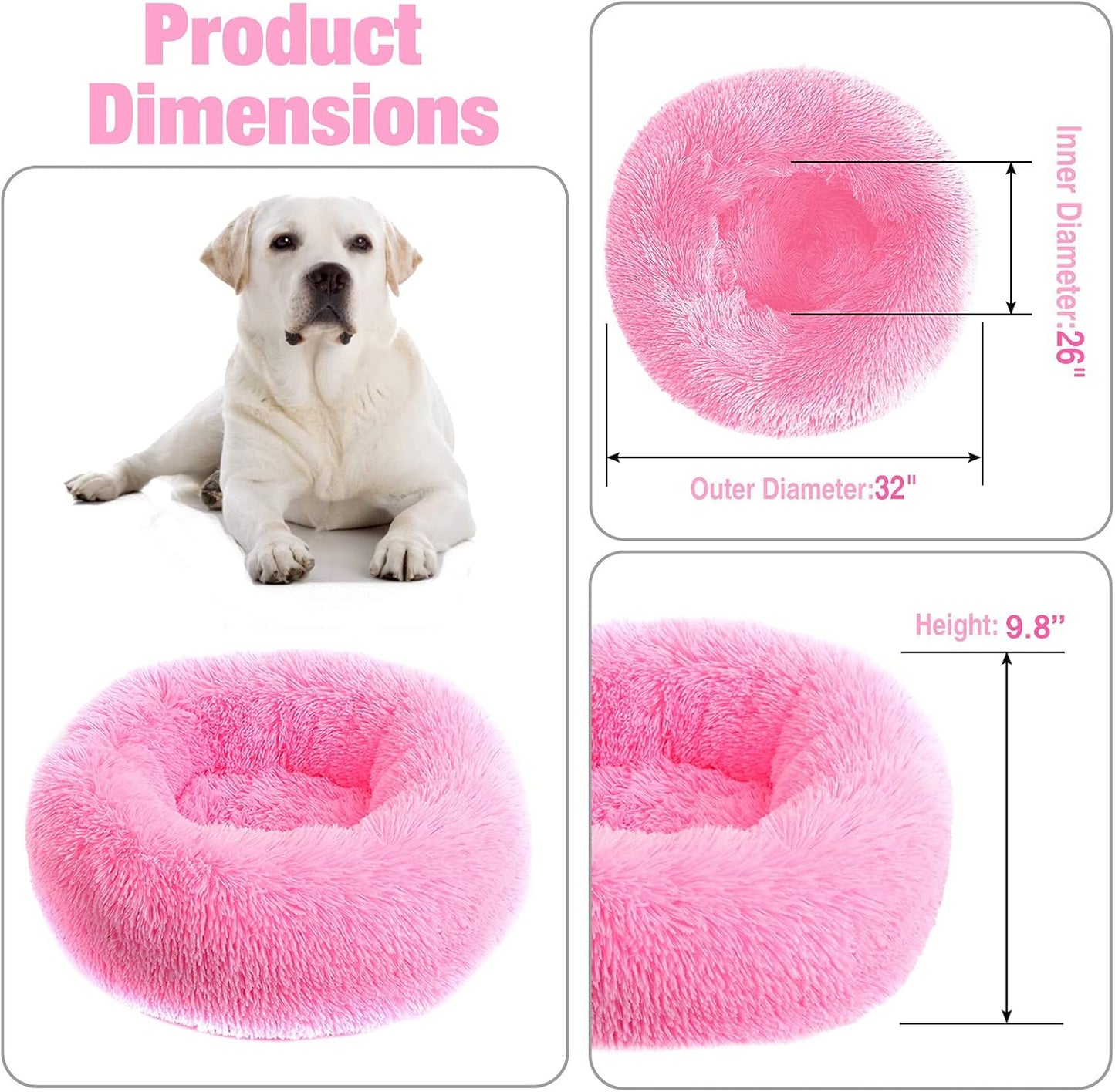 Calming Dog Beds, Cozy round Beds for Medium Large Dogs - Fluffy Plush, Washable, Warming Donut Hot Pink - 31.5" X 31.5" X 11.8"