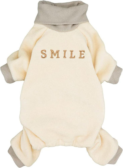 Embroidery Dog Clothes Turtleneck Thermal Fleece Puppy Pajamas Doggie Outfits Cat Onesies Jumpsuits Beige Large