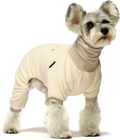 Embroidery Dog Clothes Turtleneck Thermal Fleece Puppy Pajamas Doggie Outfits Cat Onesies Jumpsuits Beige Large