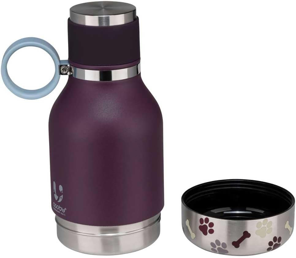 Dog Bowl Attached to Stainless Steel Insulated Travel Bottle for Human 33 Ounce (Burgundy)