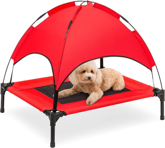30In Elevated Cooling Dog Bed, Outdoor Raised Mesh Pet Cot W/Removable Canopy Shade Tent, Carrying Bag, Breathable Fabric - Red