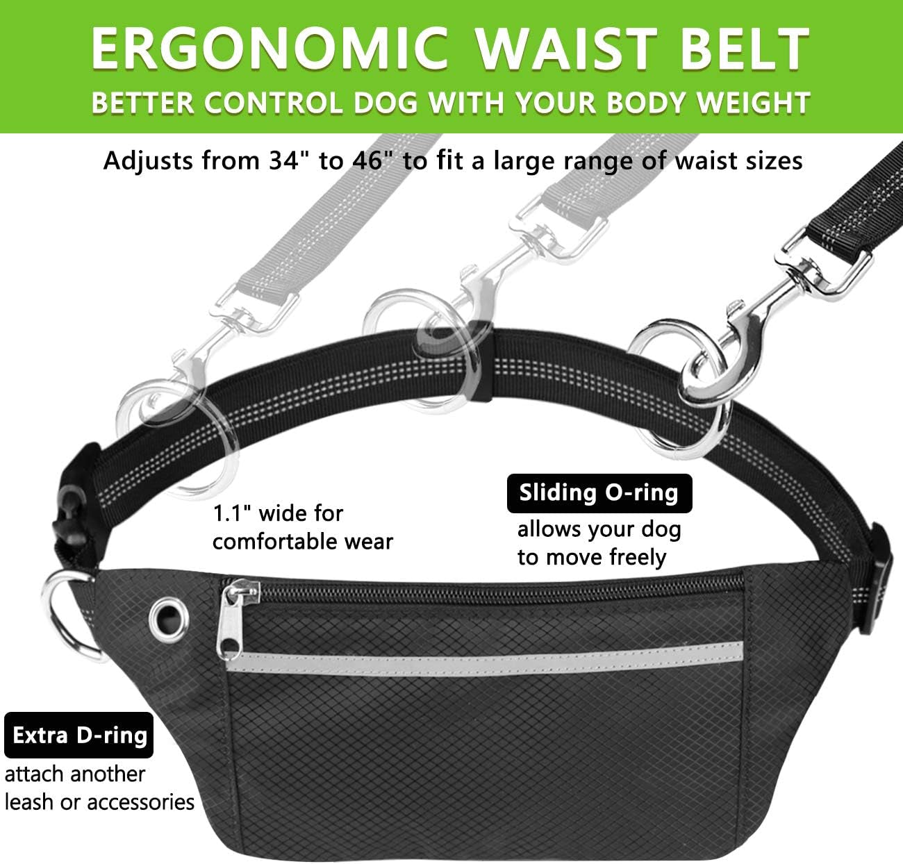 Hands Free Dog Leash for Running Walking Jogging Training Hiking, Retractable Bungee Dog Running Waist Leash for Medium to Large Dogs, Adjustable Waist Belt with Pack, Reflective Stitches, Dual Handle