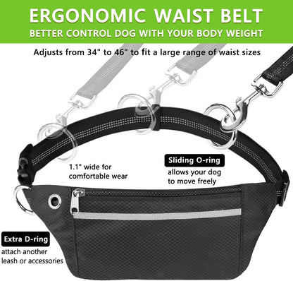 Hands Free Dog Leash for Running Walking Jogging Training Hiking, Retractable Bungee Dog Running Waist Leash for Medium to Large Dogs, Adjustable Waist Belt with Pack, Reflective Stitches, Dual Handle