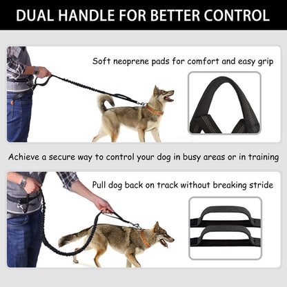 Hands Free Dog Leash, Waist Running Leash with Zipper, Walking Pouch for Medium Large Dogs, Dual Handle and Retractable Bungee for Training Jogging Hiking