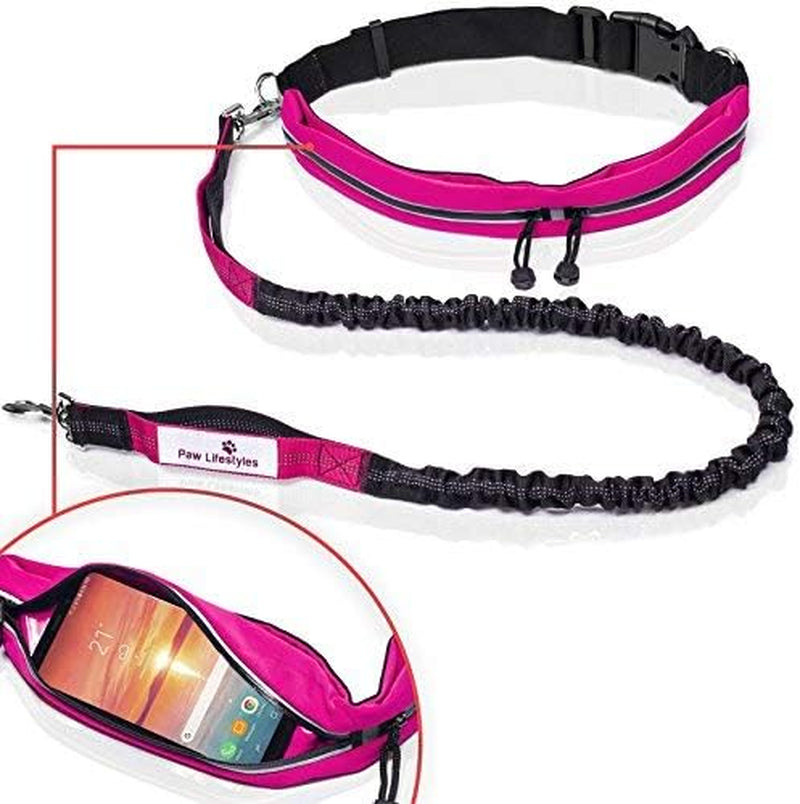 Retractable Hands Free Dog Leash W/Smartphone Pouch – Dual Handle Bungee Waist Leash for up to 150 Lbs Large Dogs (Black and Magenta W/Smartphone Pouch)
