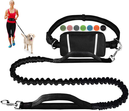 Hands Free Dog Leash, Waist Running Leash with Zipper, Walking Pouch for Medium Large Dogs, Dual Handle and Retractable Bungee for Training Jogging Hiking