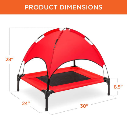 30In Elevated Cooling Dog Bed, Outdoor Raised Mesh Pet Cot W/Removable Canopy Shade Tent, Carrying Bag, Breathable Fabric - Red