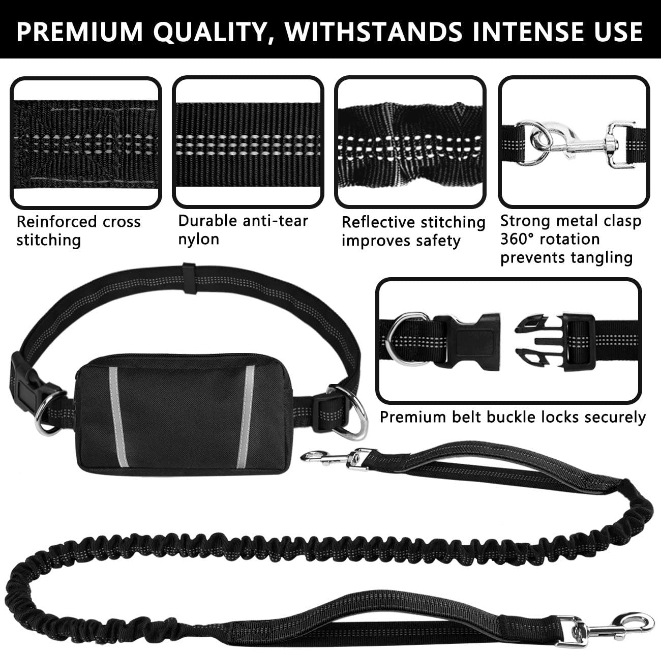 Hands Free Dog Leash, Waist Running Leash with Zipper, Walking Pouch for Medium Large Dogs, Dual Handle and Retractable Bungee for Training Jogging Hiking