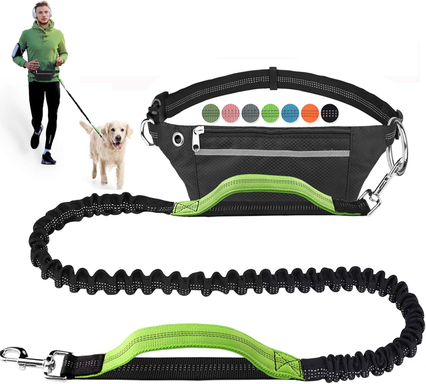 Hands Free Dog Leash for Running Walking Jogging Training Hiking, Retractable Bungee Dog Running Waist Leash for Medium to Large Dogs, Adjustable Waist Belt with Pack, Reflective Stitches, Dual Handle