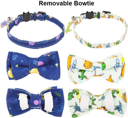 Cat Collar Breakaway with Cute Bow Tie Bell, 2 Pack Kitten Collar with Removable Bowtie, Universe Dinosaur Bowtie Collar for Cats (7.5"- 10.5")