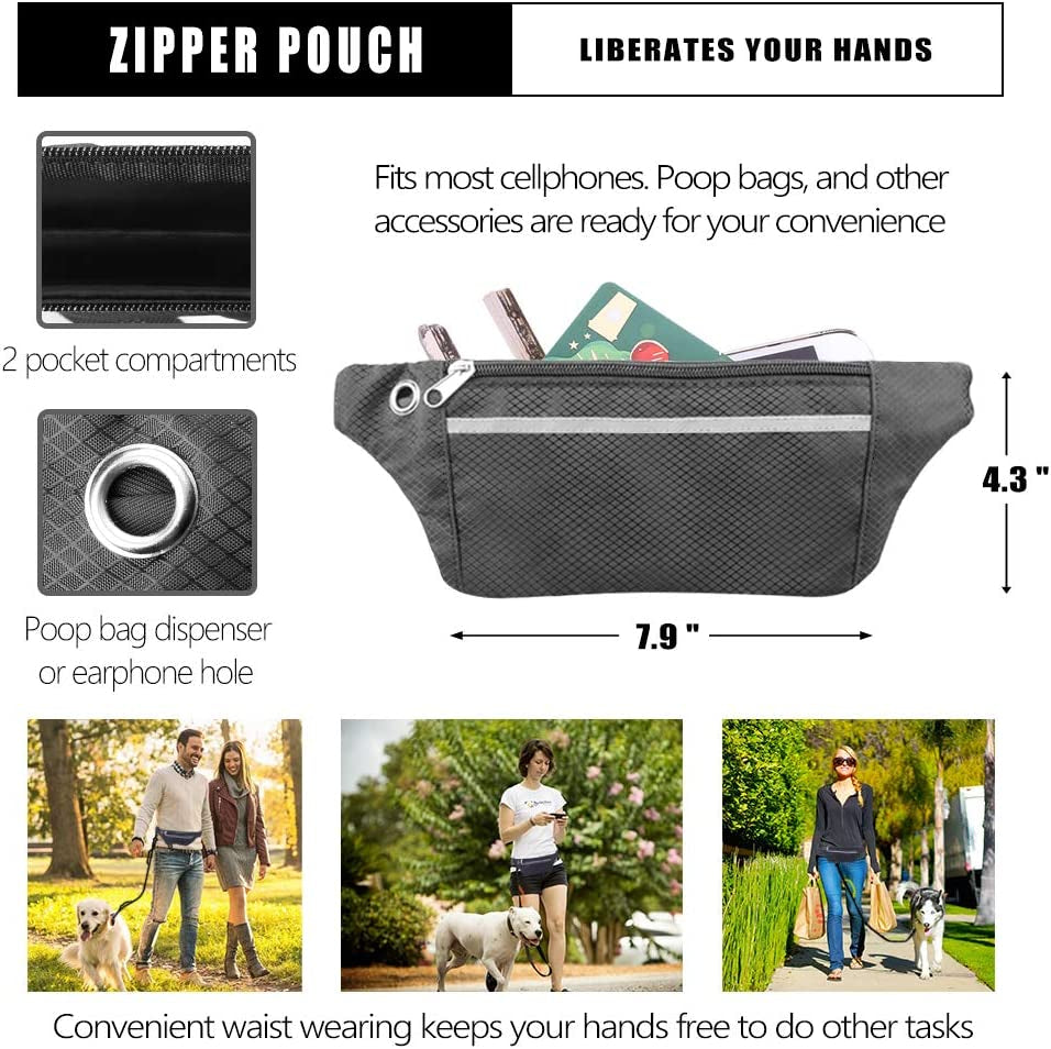 Hands Free Dog Leash for Running Walking Jogging Training Hiking, Retractable Bungee Dog Running Waist Leash for Medium to Large Dogs, Adjustable Waist Belt with Pack, Reflective Stitches, Dual Handle