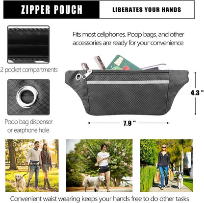 Hands Free Dog Leash for Running Walking Jogging Training Hiking, Retractable Bungee Dog Running Waist Leash for Medium to Large Dogs, Adjustable Waist Belt with Pack, Reflective Stitches, Dual Handle