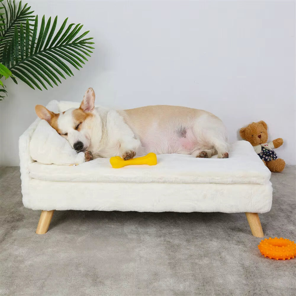Luxury Elevated Dog Sofa Bed with Backrest Plush Cushion Wooden Legs Raised Dog Bed Lounger Chair for Small Medium Dog Cat Chair