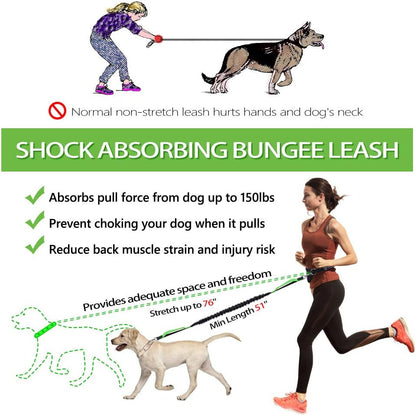 Hands Free Dog Leash for Running Walking Jogging Training Hiking, Retractable Bungee Dog Running Waist Leash for Medium to Large Dogs, Adjustable Waist Belt with Pack, Reflective Stitches, Dual Handle