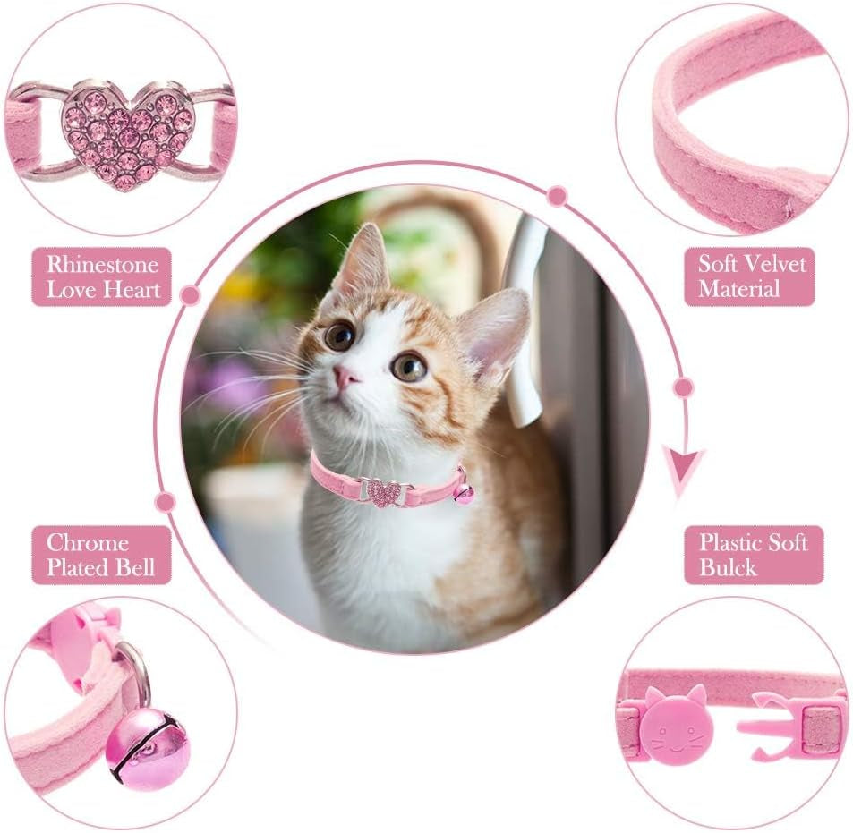 Cat Collar Breakaway with Bell, Pack of 2 Heart Bling Collar Safety with Soft Velvet Adjustable for Kittens