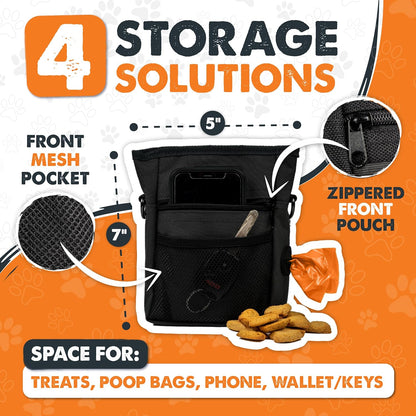 Dog Treat Pouch | No Spill Magenetic Clasp - Hands-Free Pouches for Training - Pets Training Treat Pouches for Dog Walks - Pet Bags Pouch - Built in Poop Bag Holder - Black