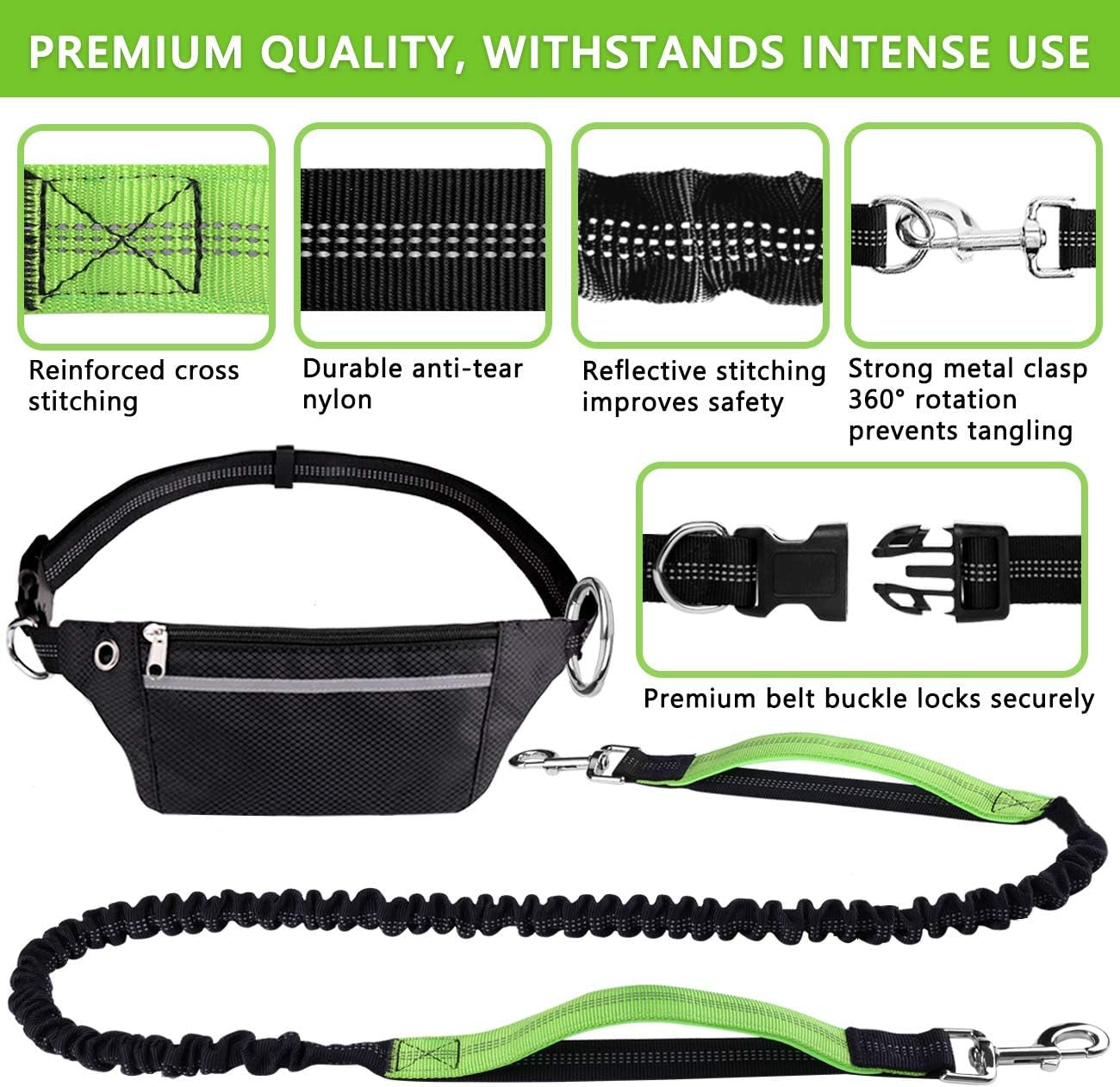 Hands Free Dog Leash for Running Walking Jogging Training Hiking, Retractable Bungee Dog Running Waist Leash for Medium to Large Dogs, Adjustable Waist Belt with Pack, Reflective Stitches, Dual Handle