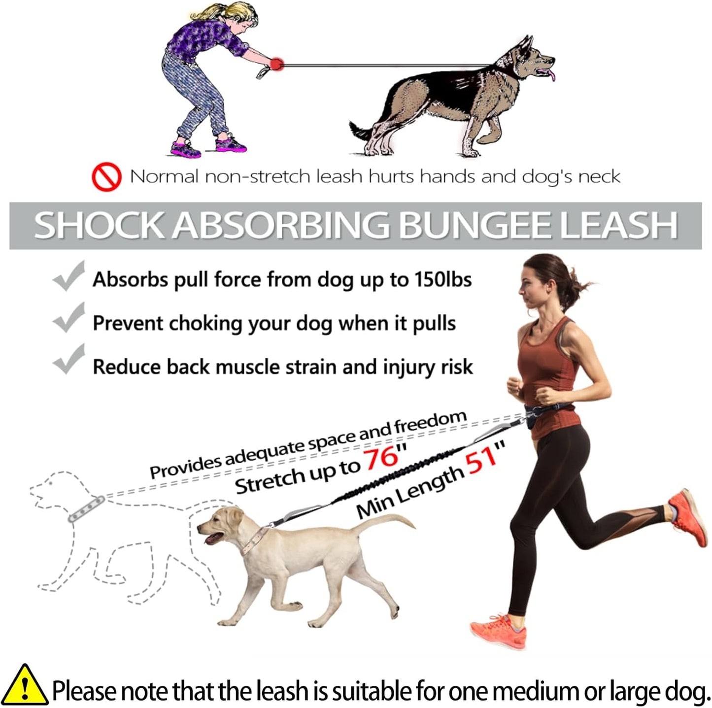 Hands Free Dog Leash, Waist Running Leash with Zipper, Walking Pouch for Medium Large Dogs, Dual Handle and Retractable Bungee for Training Jogging Hiking