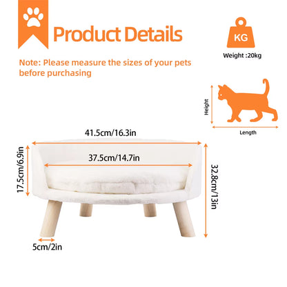 Luxury Cat Bed Soft Warm Plush Fabric Pet Nesting Chair Bed Stool Wood Legs with Cushion Pad Washable Waterproof for Small Pets