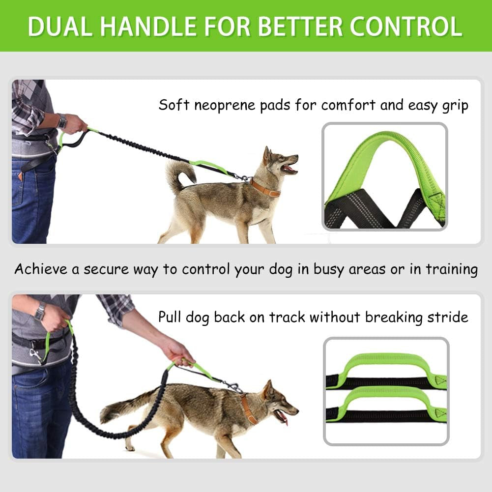 Hands Free Dog Leash for Running Walking Jogging Training Hiking, Retractable Bungee Dog Running Waist Leash for Medium to Large Dogs, Adjustable Waist Belt with Pack, Reflective Stitches, Dual Handle