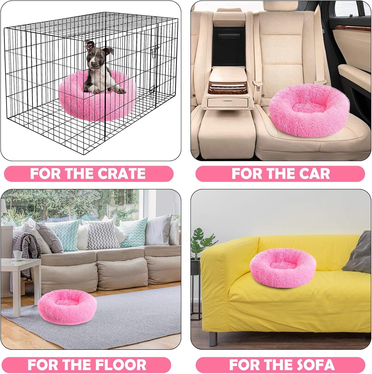 Calming Dog Beds, Cozy round Beds for Medium Large Dogs - Fluffy Plush, Washable, Warming Donut Hot Pink - 31.5" X 31.5" X 11.8"