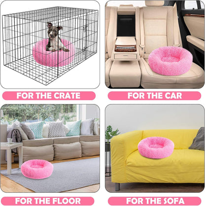Calming Dog Beds, Cozy round Beds for Medium Large Dogs - Fluffy Plush, Washable, Warming Donut Hot Pink - 31.5" X 31.5" X 11.8"