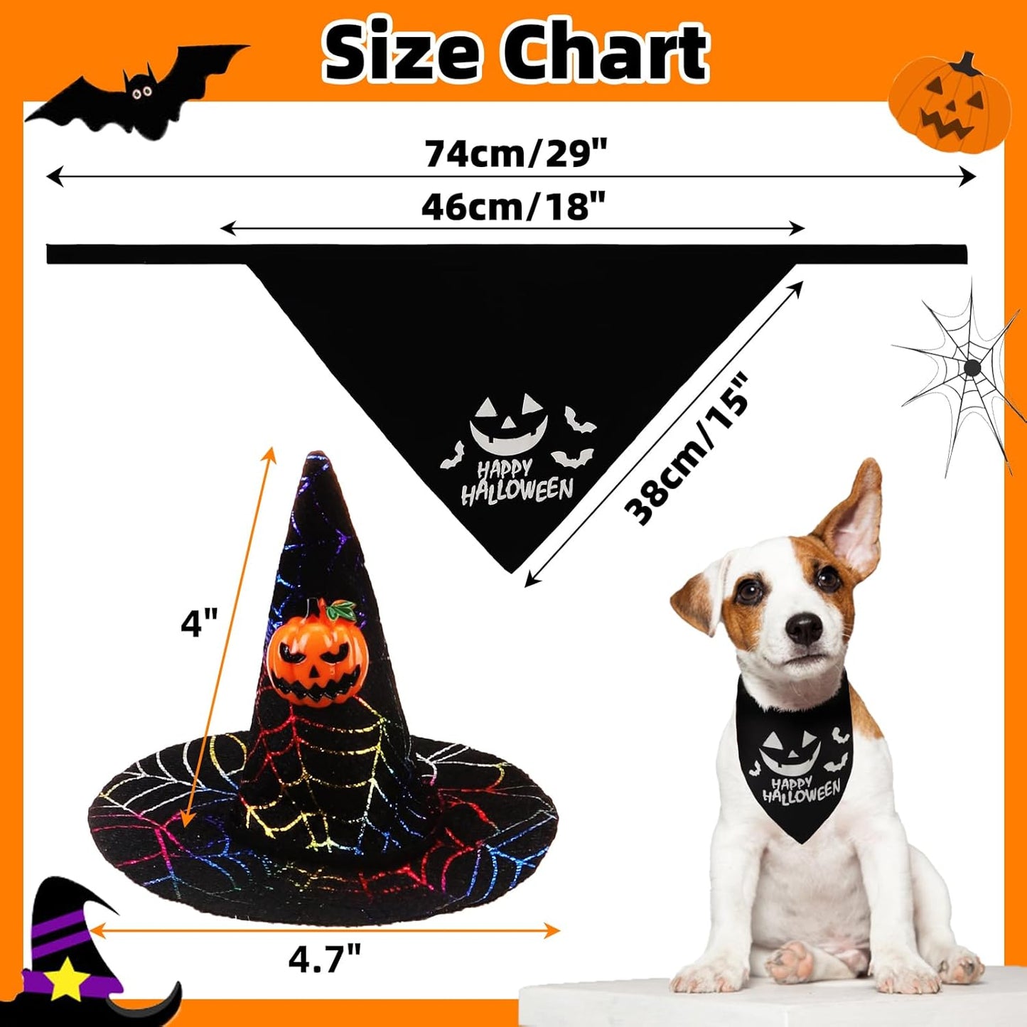 Dog Halloween Bandanas Scarf with Cute Doggy Wizard'S Hat, Pumpkin Costumes Decorations for Small Medium Large Dogs Boy Girl Funny, Black