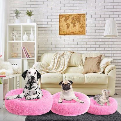 Calming Dog Beds, Cozy round Beds for Medium Large Dogs - Fluffy Plush, Washable, Warming Donut Hot Pink - 31.5" X 31.5" X 11.8"