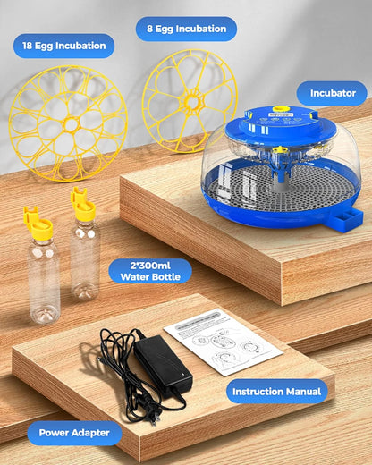 18 Egg Incubator with Automatic Egg Turning and Humidity Control, 360° View Auto Water Adding, Egg Candler Incubators for Hatching Eggs for Chicken Ducks
